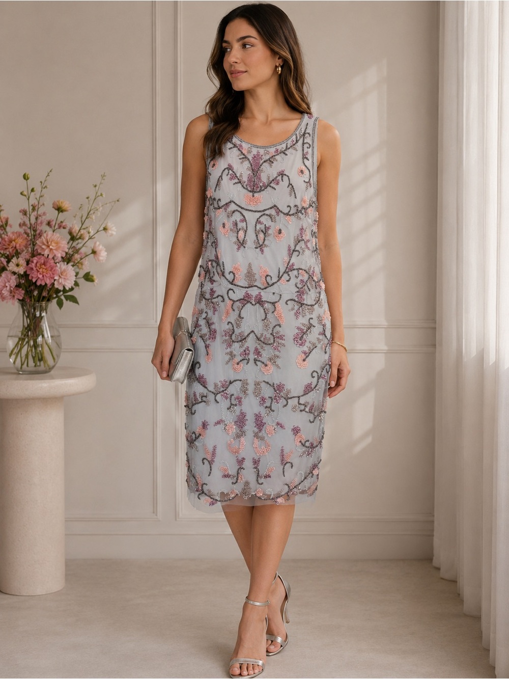 Adrianna Papell “Serenity” Pale Blue Beaded Floral Cocktail Dress